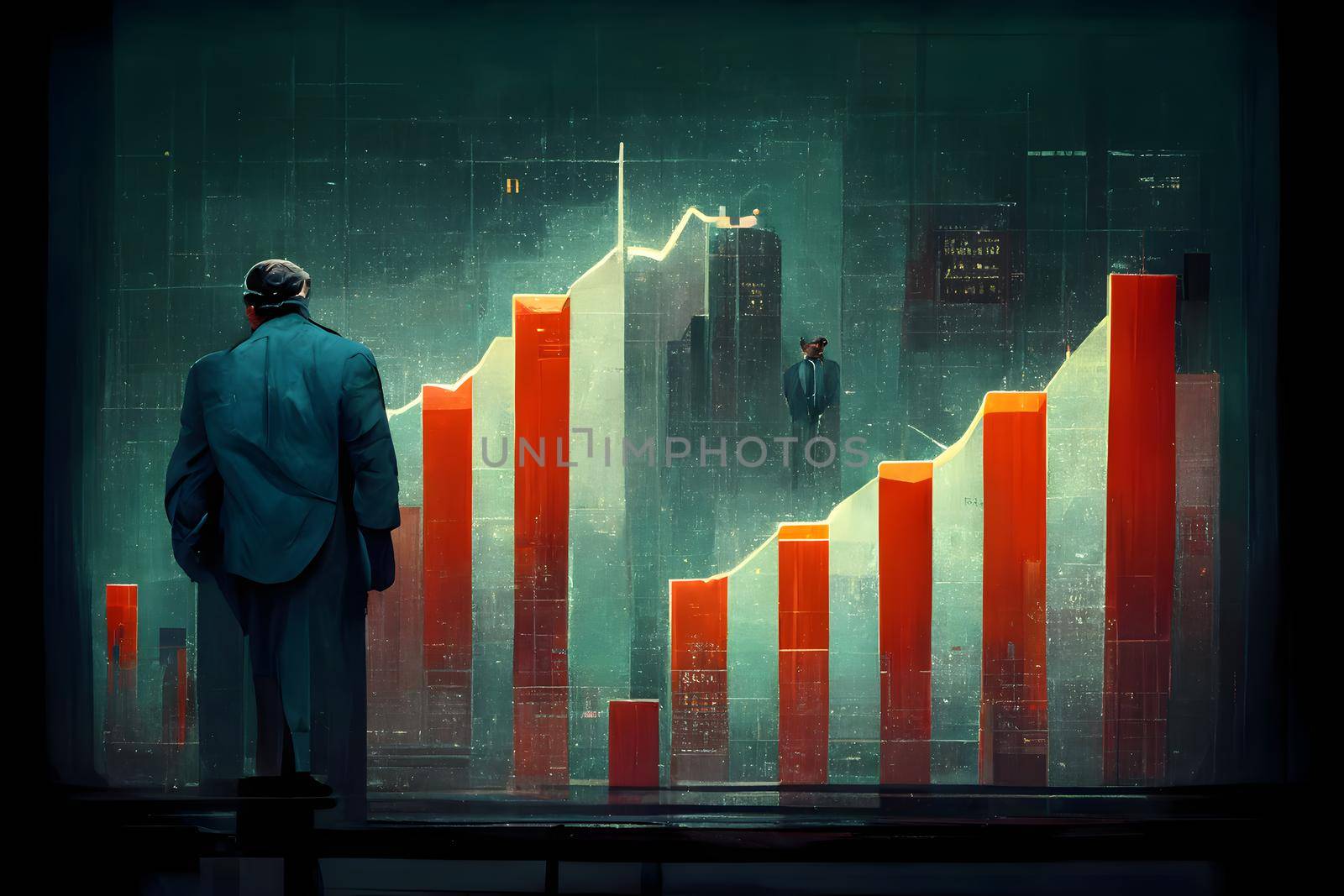 grotesque cartoon business man figure standing in front of bizarre styled charts, neural network generated art. Digitally generated image. Not based on any actual scene or pattern.
