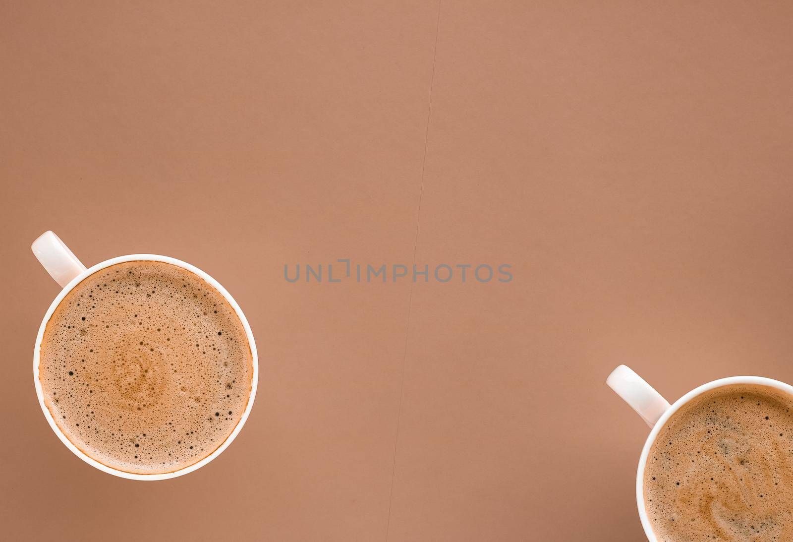 Drinks menu, italian espresso recipe and organic shop concept - Cup of hot coffee as breakfast drink, flatlay cups on beige background