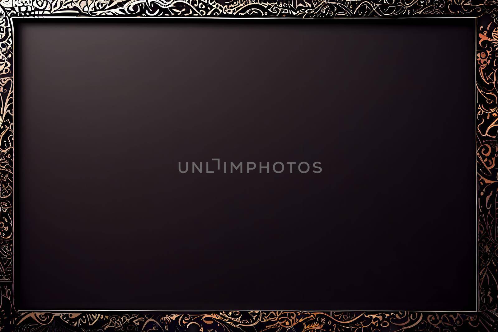 ornate black and gold rectangular picture frame mockup, neural network generated art. Digitally generated image. Not based on any actual scene or pattern.