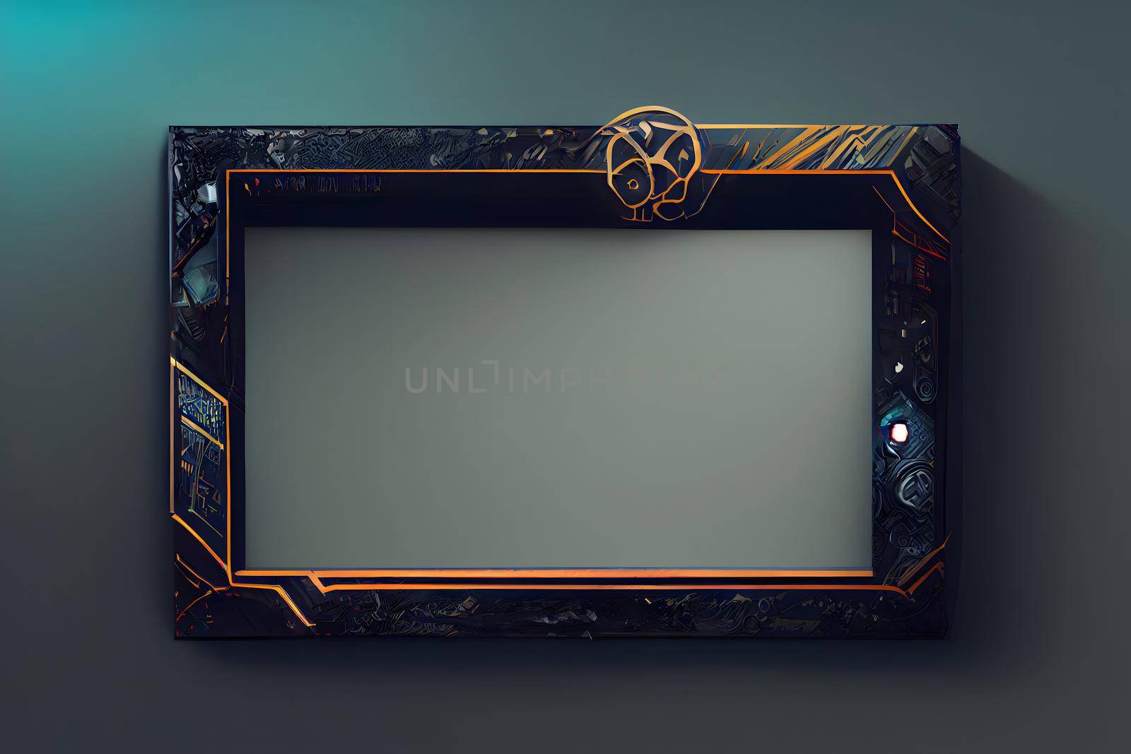 cyberpunk style picture frame mockup, neural network generated art. Digitally generated image. Not based on any actual scene or pattern.