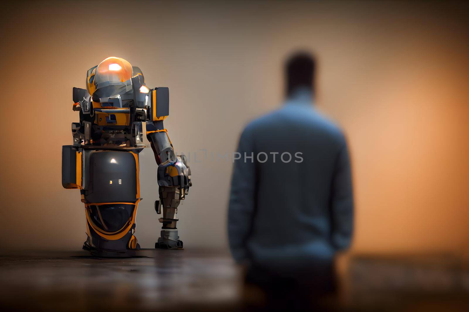 human looking at robot, natural and artificial intelligence relationships concept, neural network generated art. Digitally generated image. Not based on any actual scene or pattern.