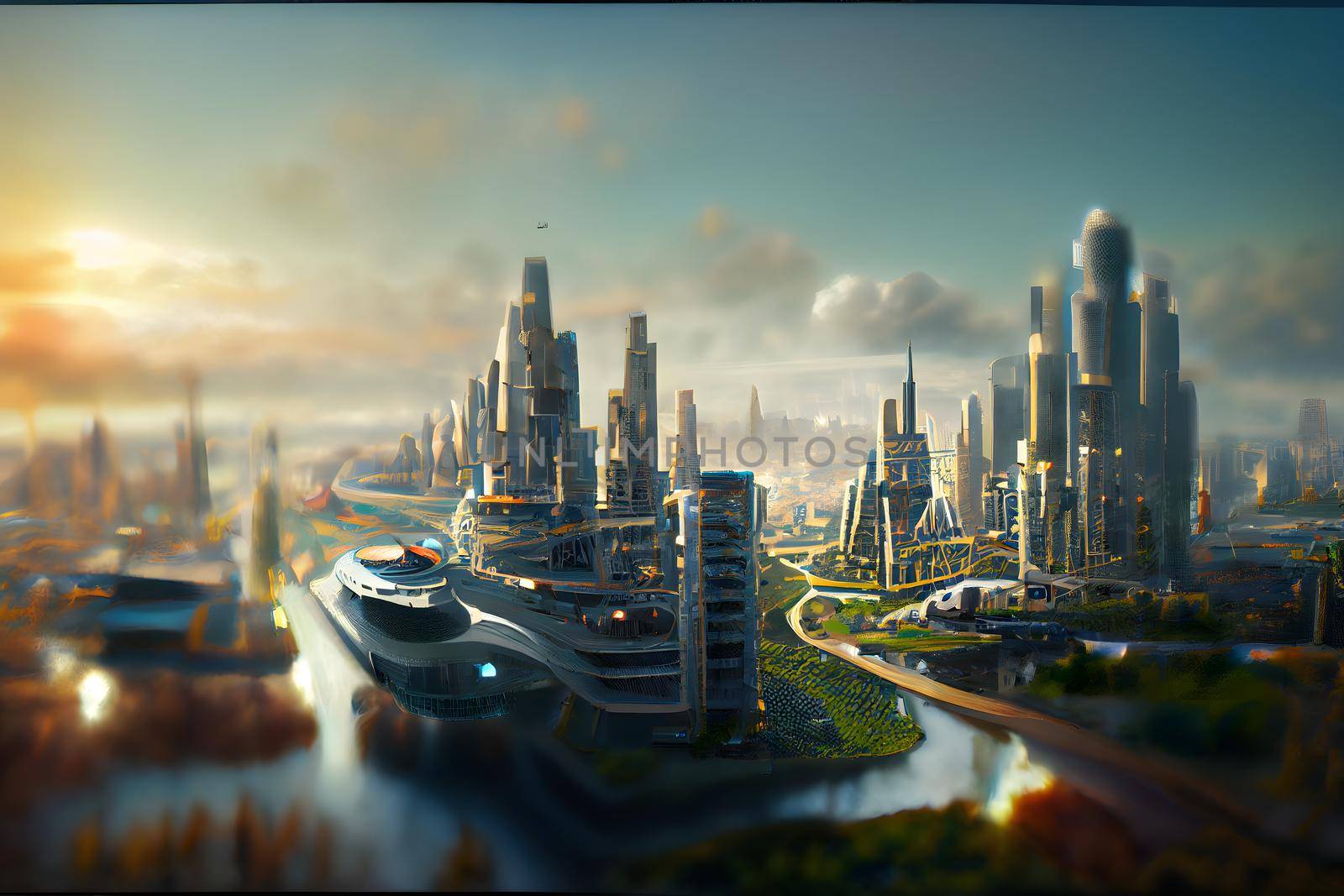 abstract futuristic utopian cityscape, neural network generated art. Digitally generated image. Not based on any actual scene or pattern.
