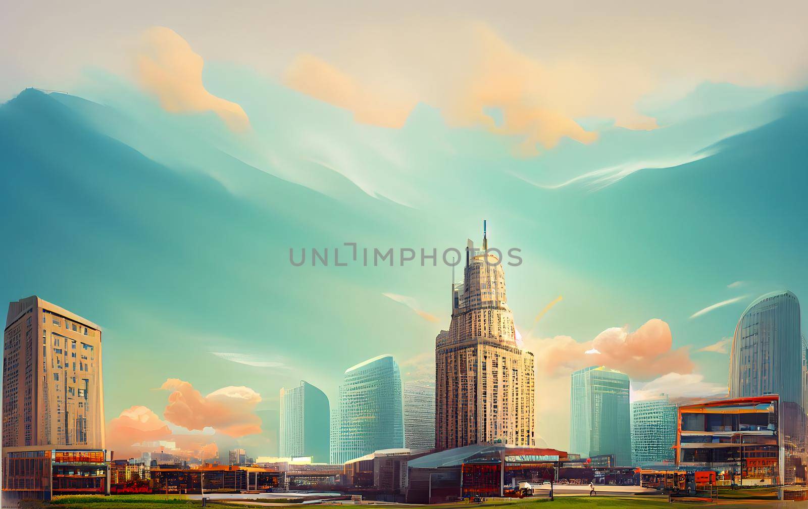 abstract contemporary western downtown cityscape at sunny morning with modern skyscrapers, neural network generated art by z1b