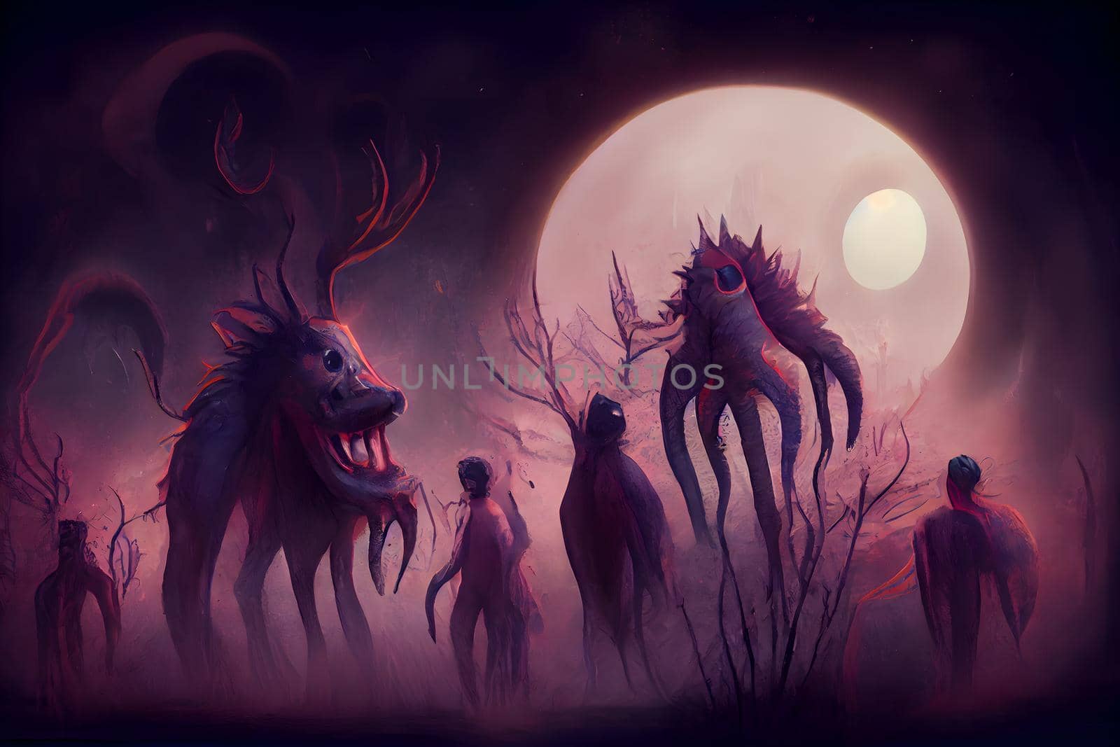 creepy fantastic nightmare alien creatures, neural network generated art. Digitally generated image. Not based on any actual scene or pattern.