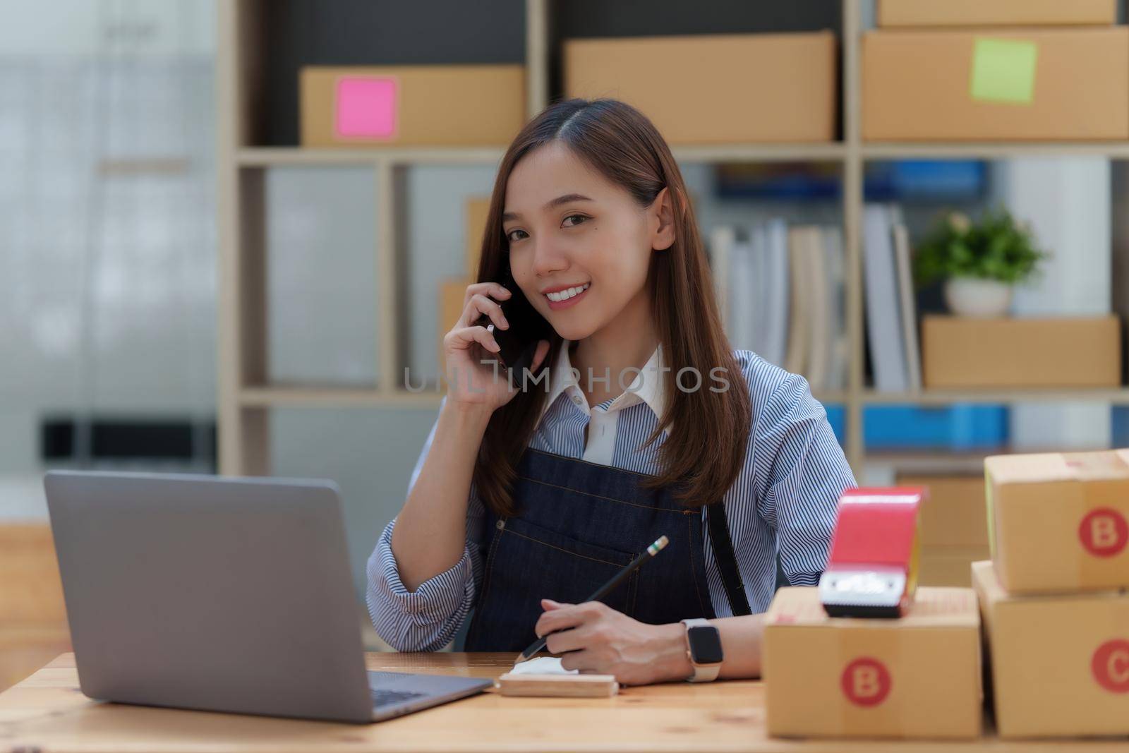 Asian small business owner working at home office. Business retail market and online sell marketing delivery, SME e-commerce concept by itchaznong
