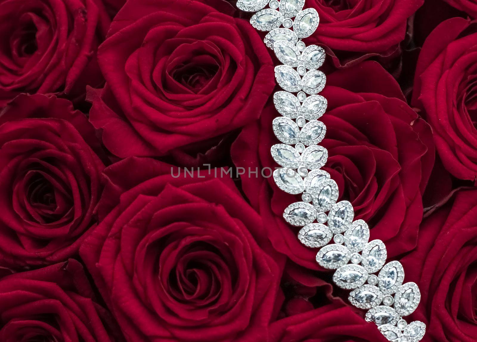 Luxe branding, glamour fashion and boutique shopping concept - Luxury diamond jewelry bracelet and red roses flowers, love gift on Valentines Day and jewellery brand holiday background design