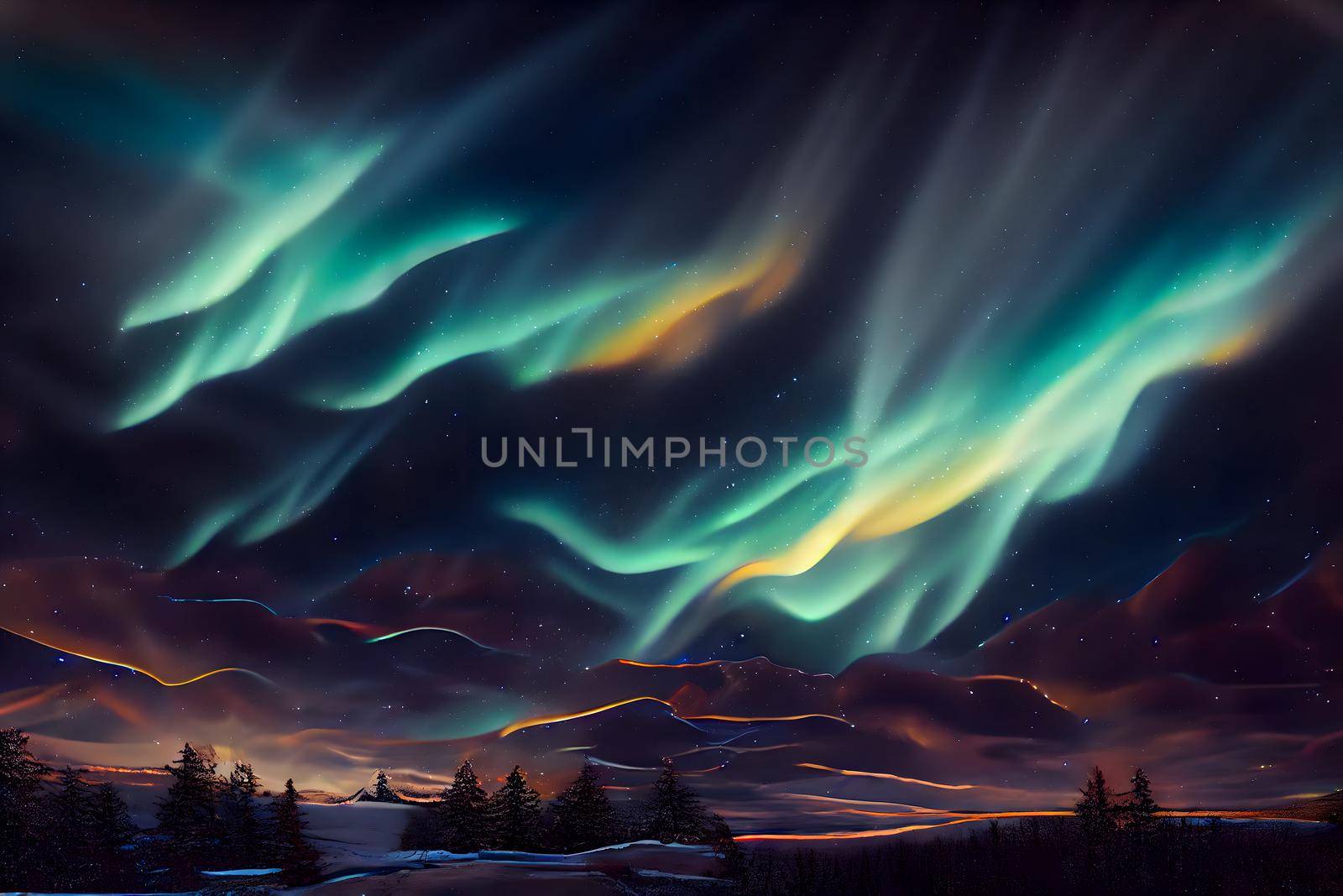 night terrestrial landscape with aurora northem lights in the sky, neural network generated art. Digitally generated image. Not based on any actual scene or pattern.