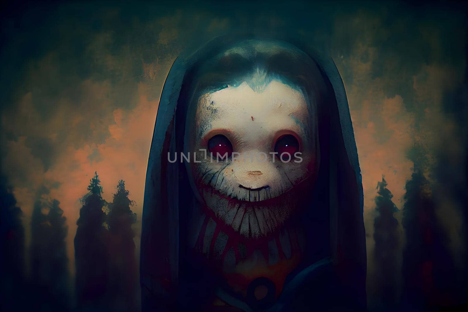 creepy fantastic nightmare creature portrait, neural network generated art. Digitally generated image. Not based on any actual scene or pattern.