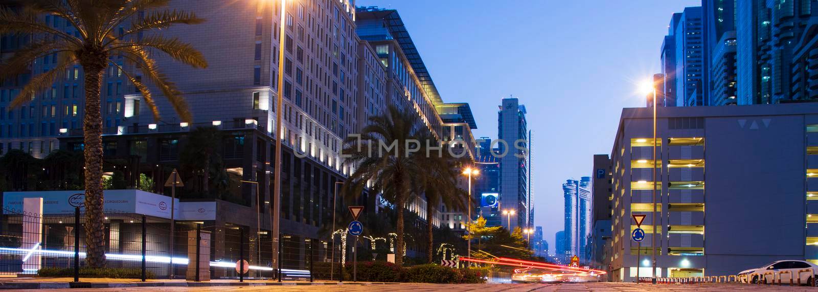 Light trails on Dubai Financial Center road. Dubai. Outdoors