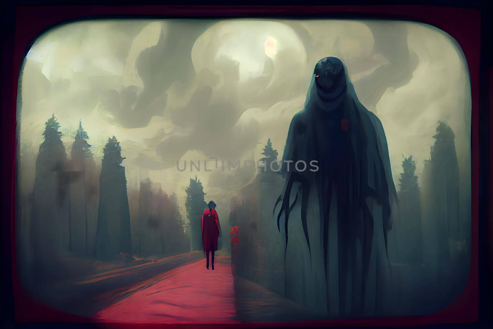 large creepy fantastic nightmare alien creature in front of small red human figure, neural network generated art. Digitally generated image. Not based on any actual scene or pattern.