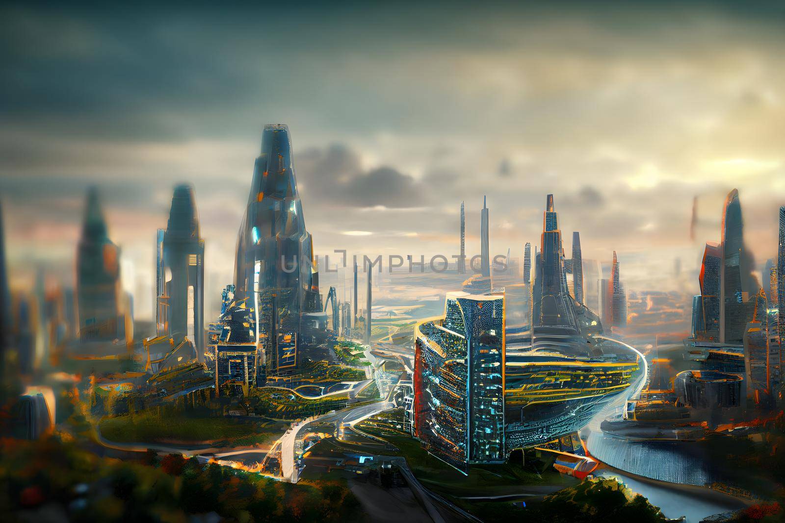 abstract futuristic utopian cityscape, neural network generated art. Digitally generated image. Not based on any actual scene or pattern.