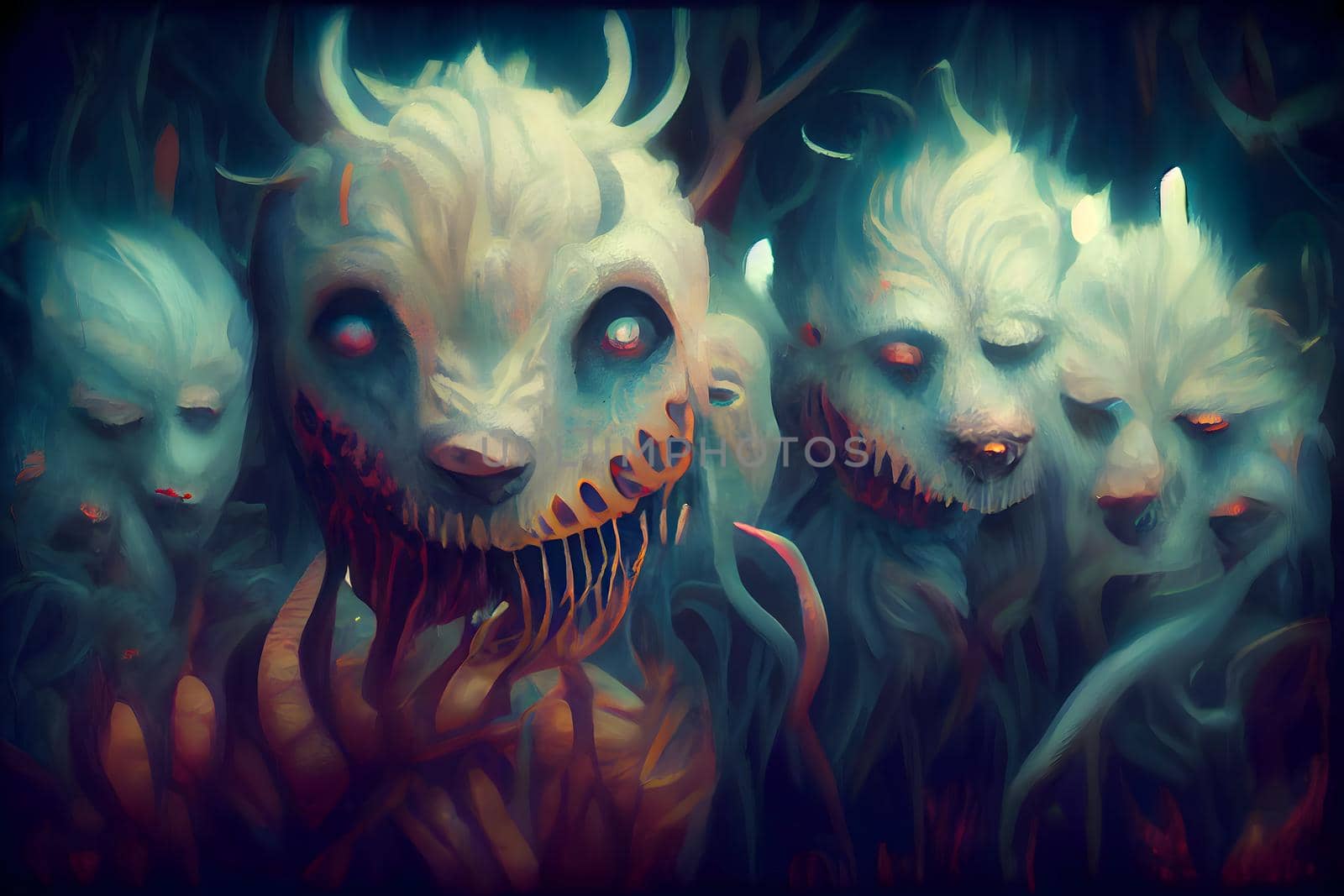 creepy fantastic nightmare alien creatures, neural network generated art. Digitally generated image. Not based on any actual scene or pattern.