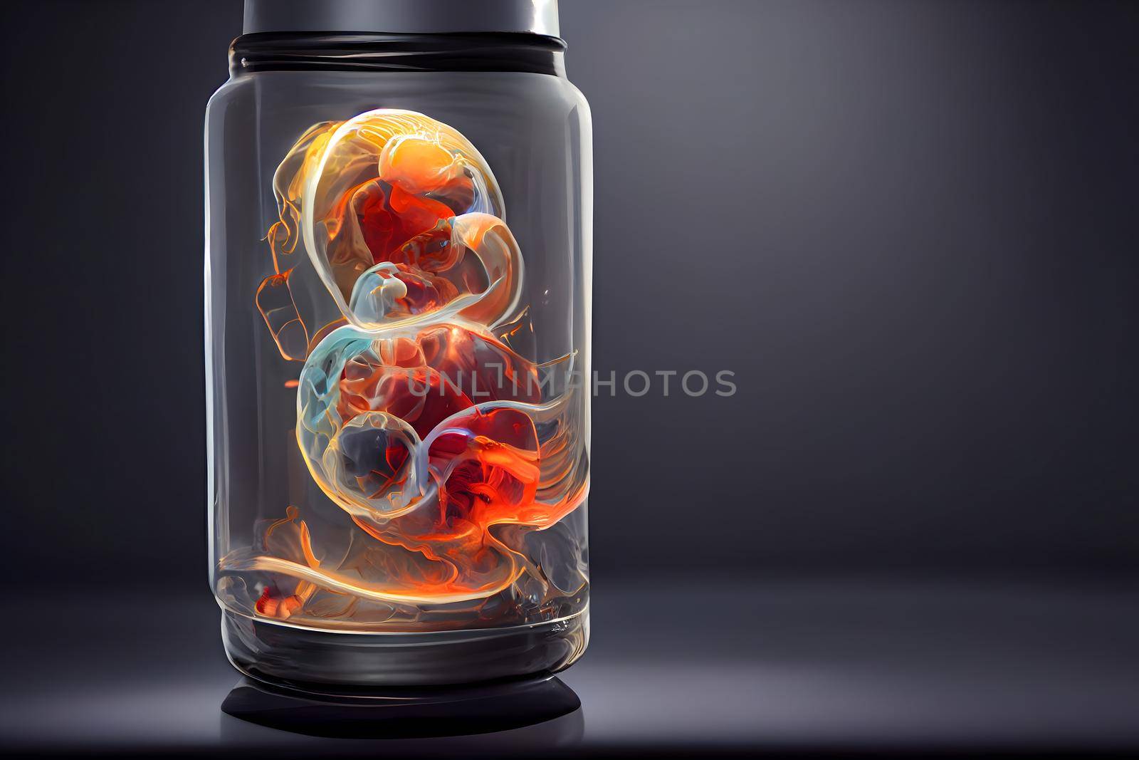 human baby embyo inside incubator breeding tank on gray background, ectogenesis concept, neural network generated art. Digitally generated image. Not based on any actual scene or pattern.
