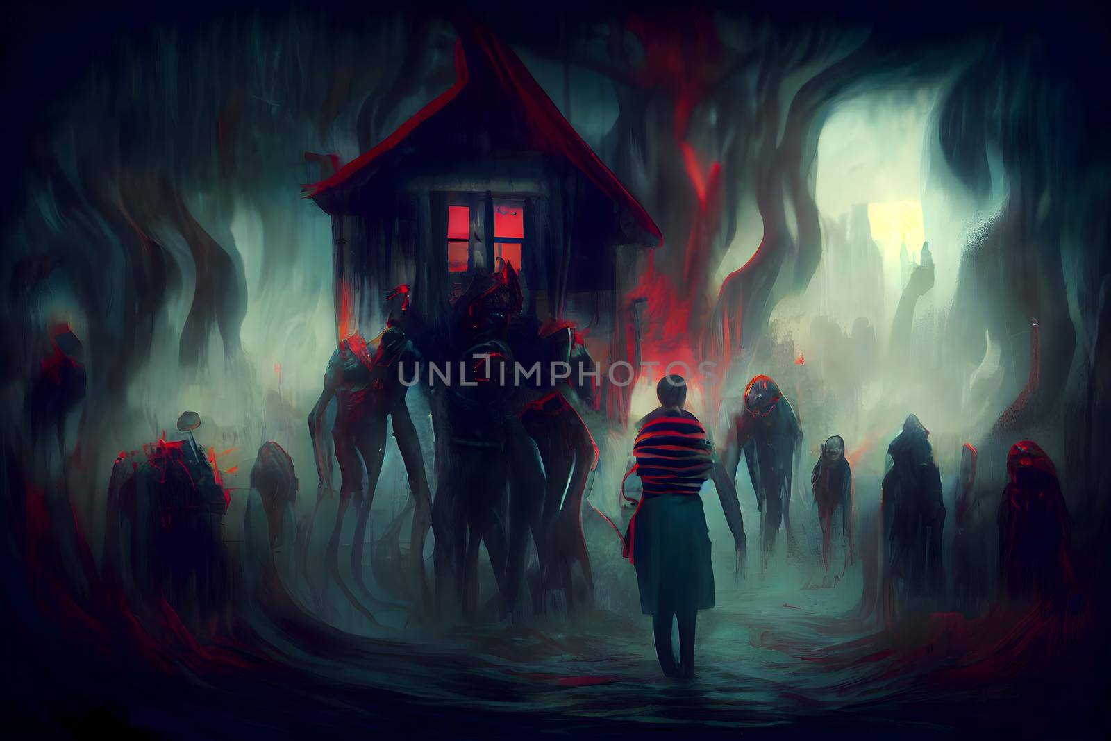 creepy fantastic nightmare alien creatures in front of small house with red glowing window, neural network generated art. Digitally generated image. Not based on any actual scene or pattern.