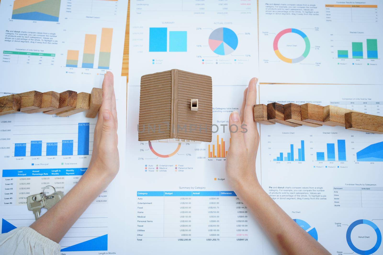 A portrait of a bank employee gesturing to protect a home from insurance to reduce the risk of investing, borrowing or buying a home