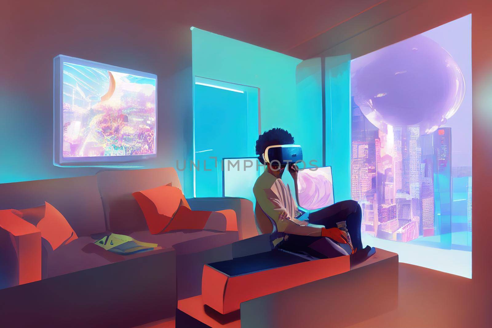 African American man putting on VR headset and looking around with smile while exploring futuristic cyberspace by 2ragon