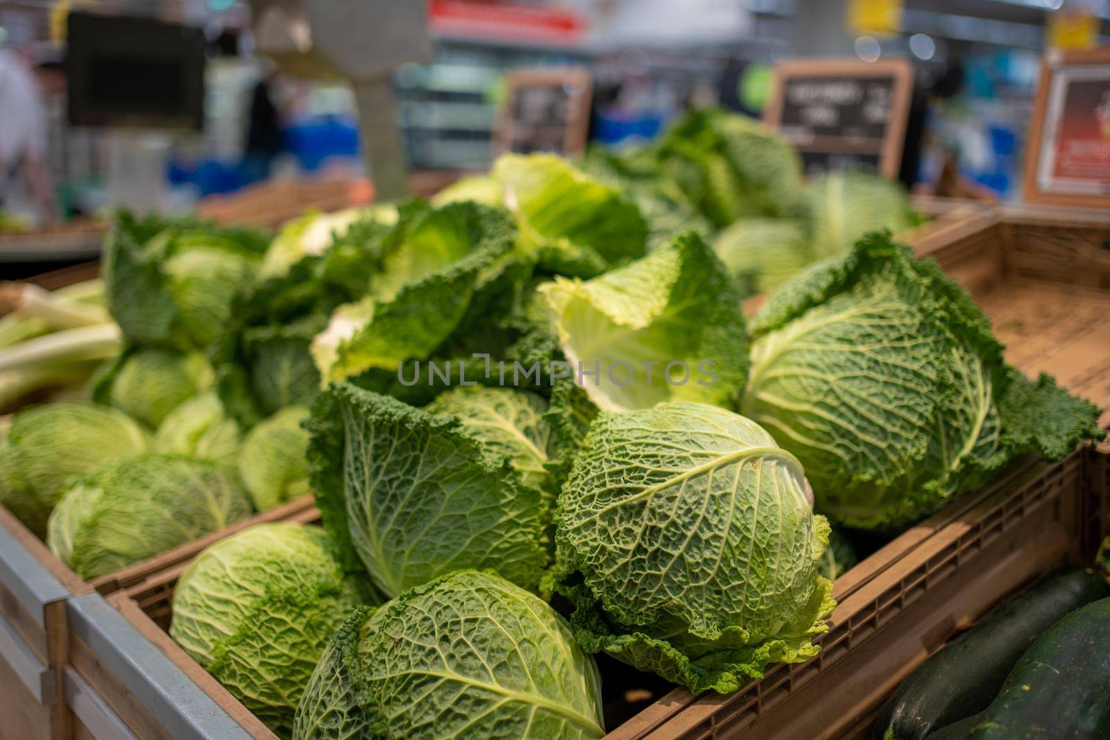 Raw juicy cabbage in plastic basket on the shelf in the supermarket by andreonegin