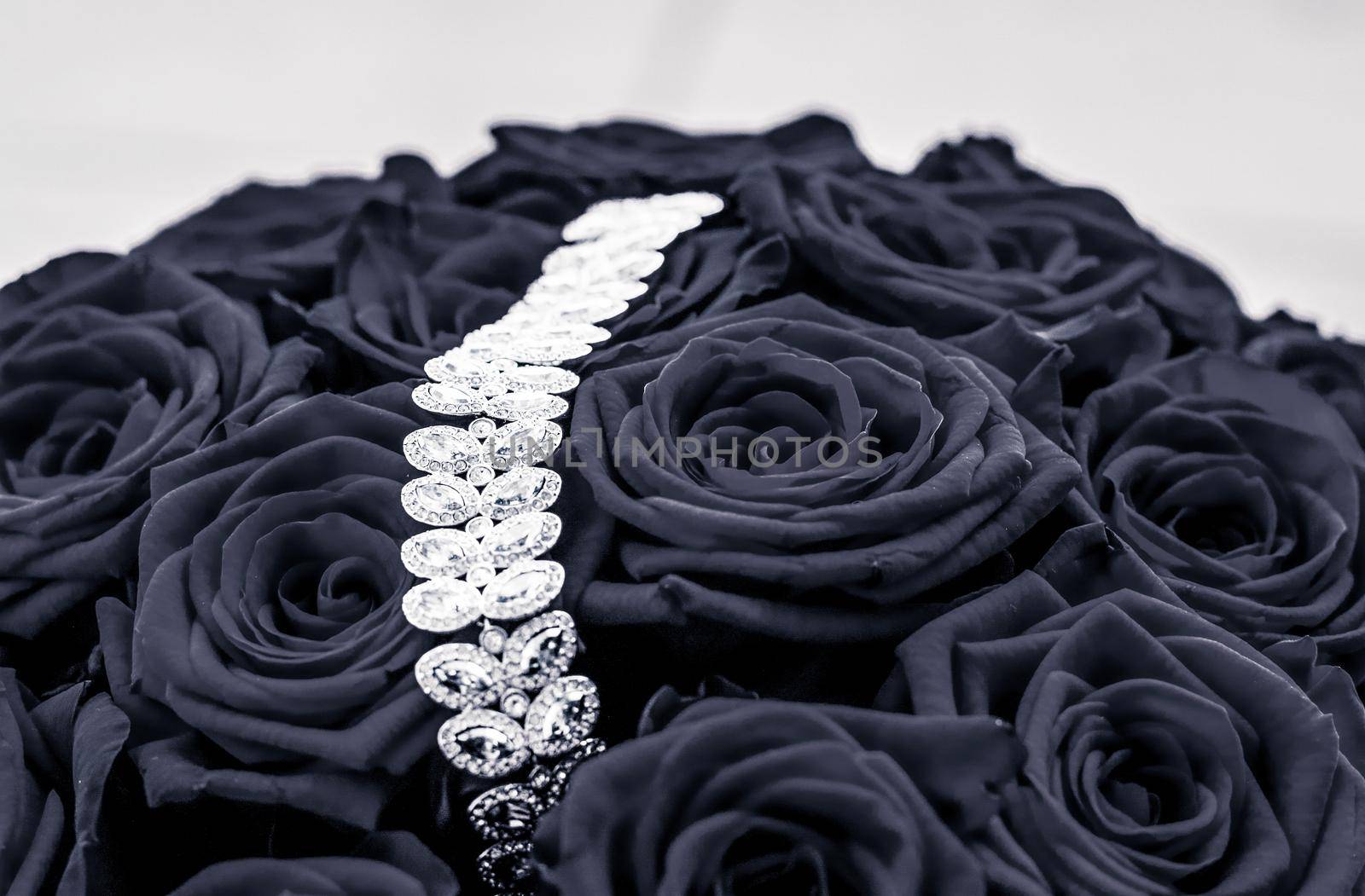 Luxe branding, glamour fashion and boutique shopping concept - Luxury diamond jewelry bracelet and black roses flowers, love gift on Valentines Day and jewellery brand holiday background design