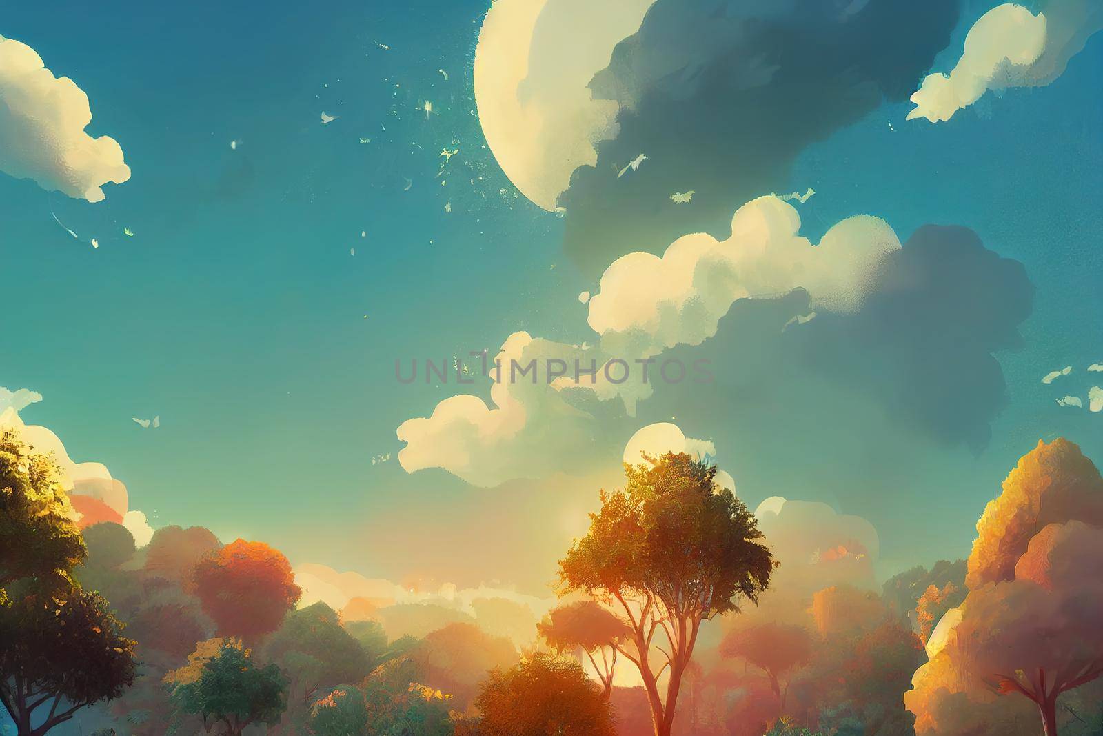 Summer warm sun light forest aerial view. High quality 2d illustration