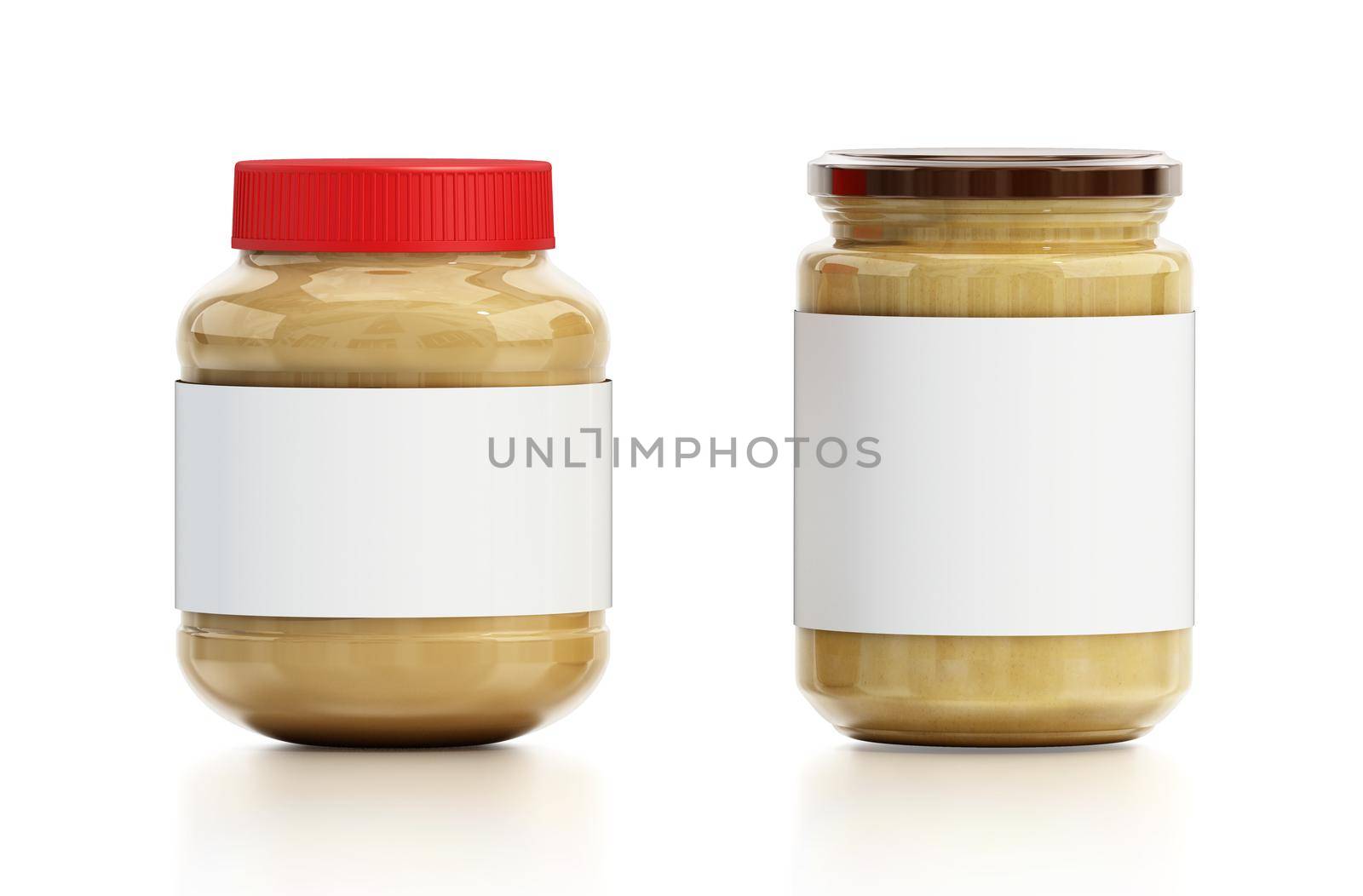 Two peanut butter jars with white labels isolated on white background. 3D illustration.