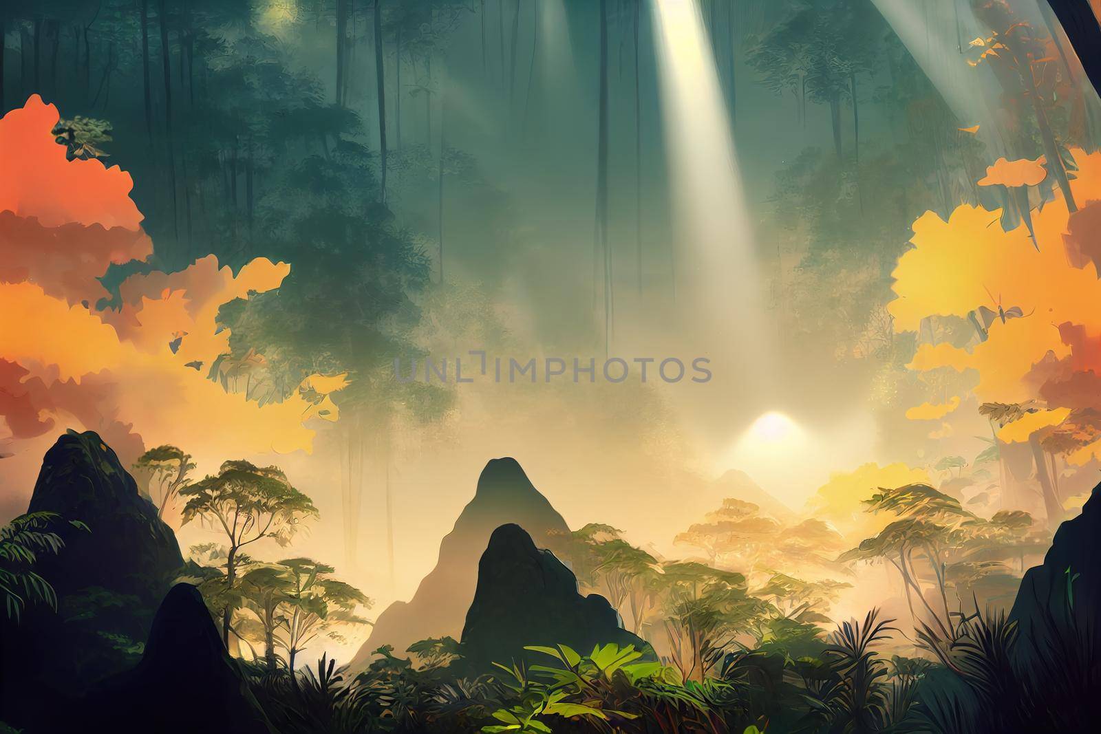 Sun rays falling deep into a thick jungle. High quality 2d illustration
