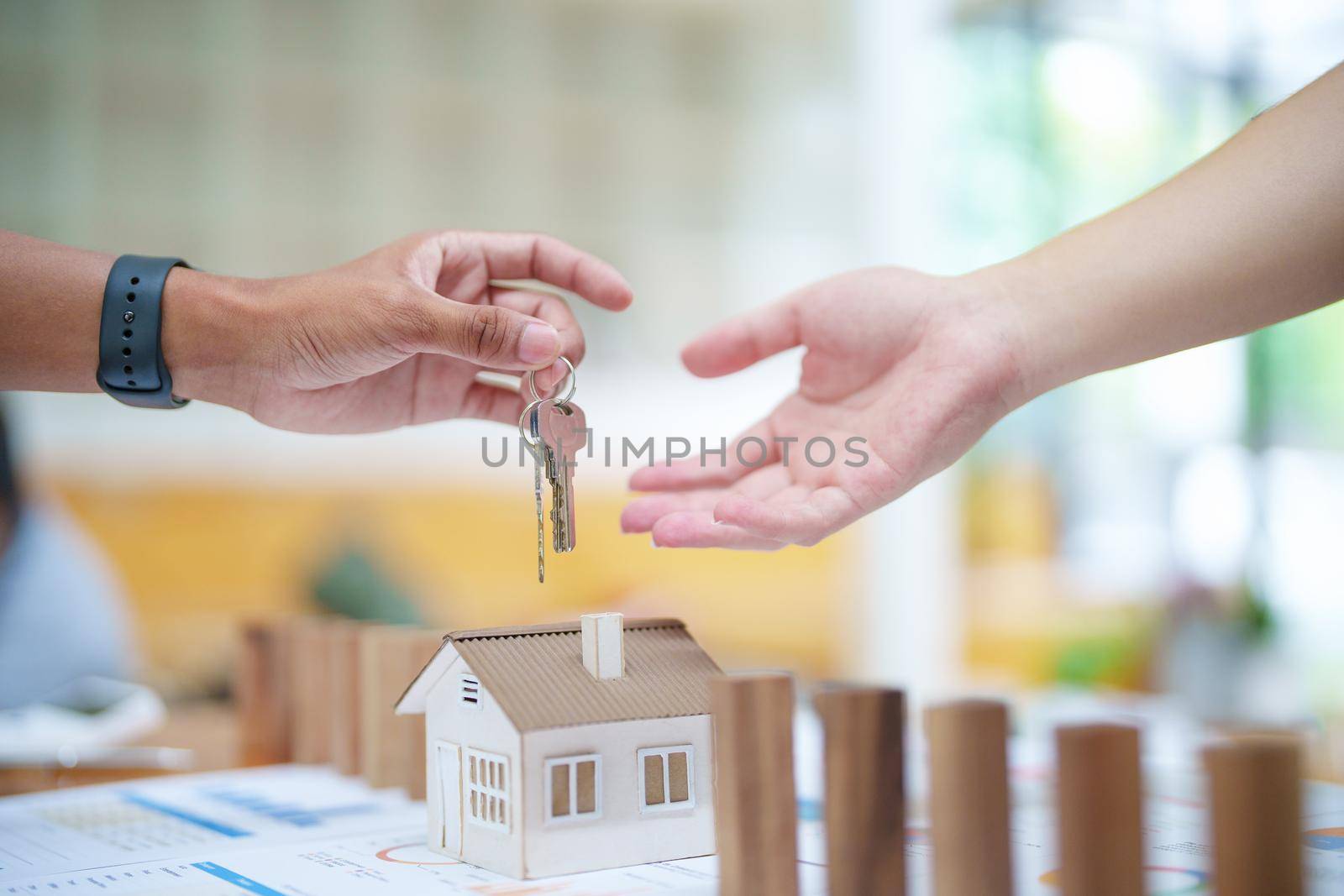 Model house and wooden stick, insurance concept.