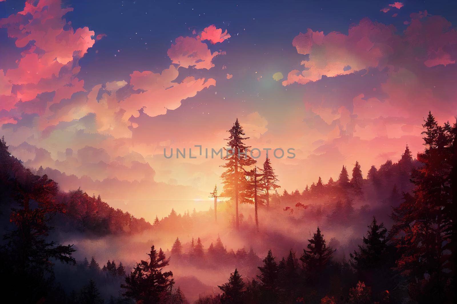 Sunrise in a beautiful forest in Germany, anime style, artstation, pixar style, toon, by 2ragon