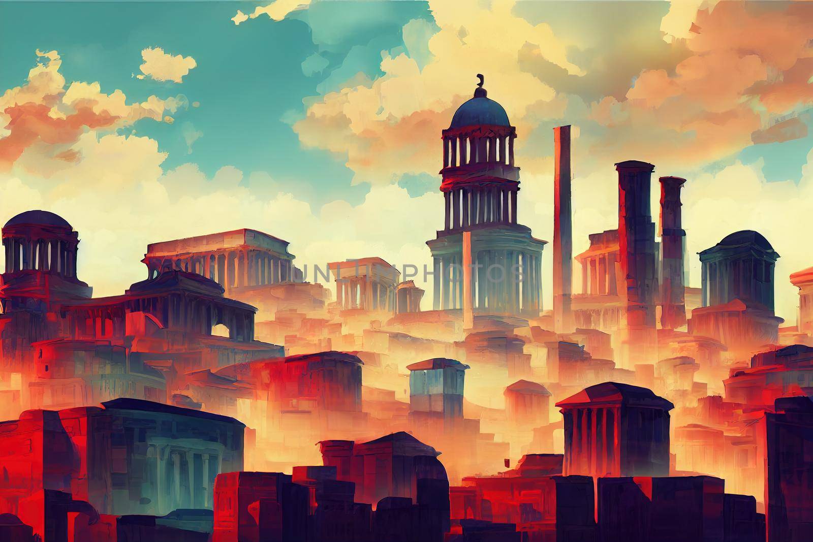 Athens abstract city 2d Anime illustration by 2ragon