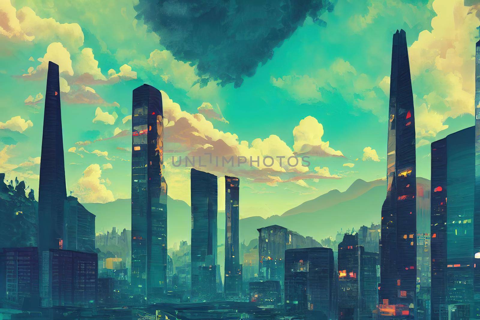 Bogota abstract city 2d Anime illustration by 2ragon