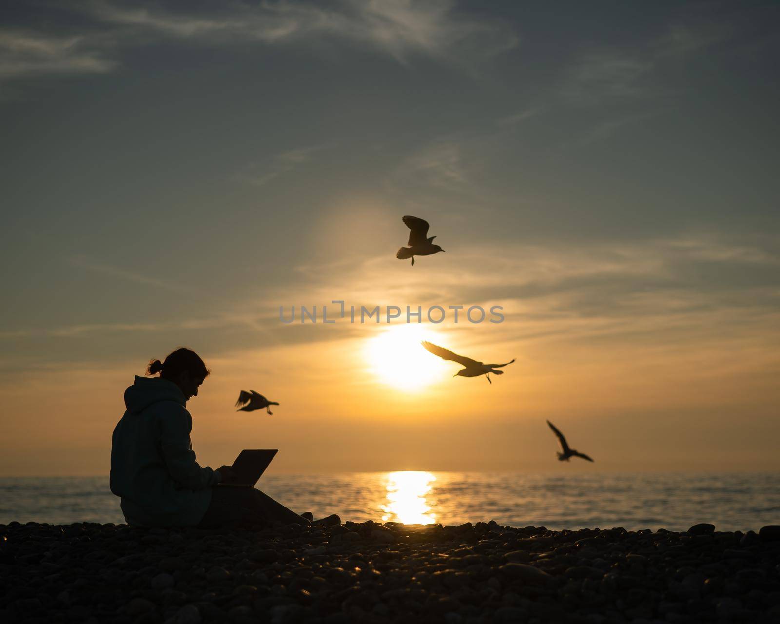 Caucasian woman typing on a laptop on the seashore at sunset. Freelance work