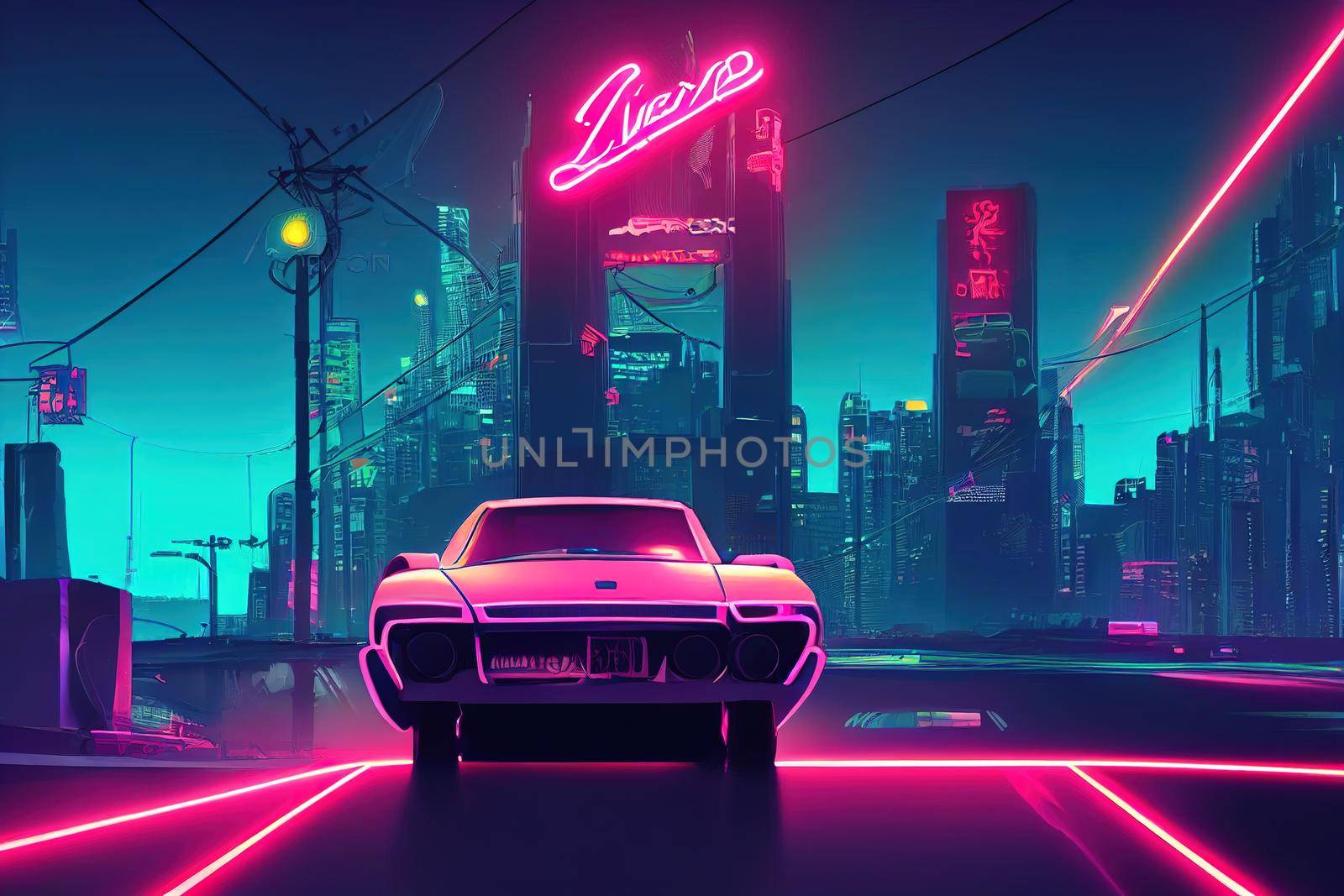 Car and city in neon cyberpunk style. High quality 2d illustration