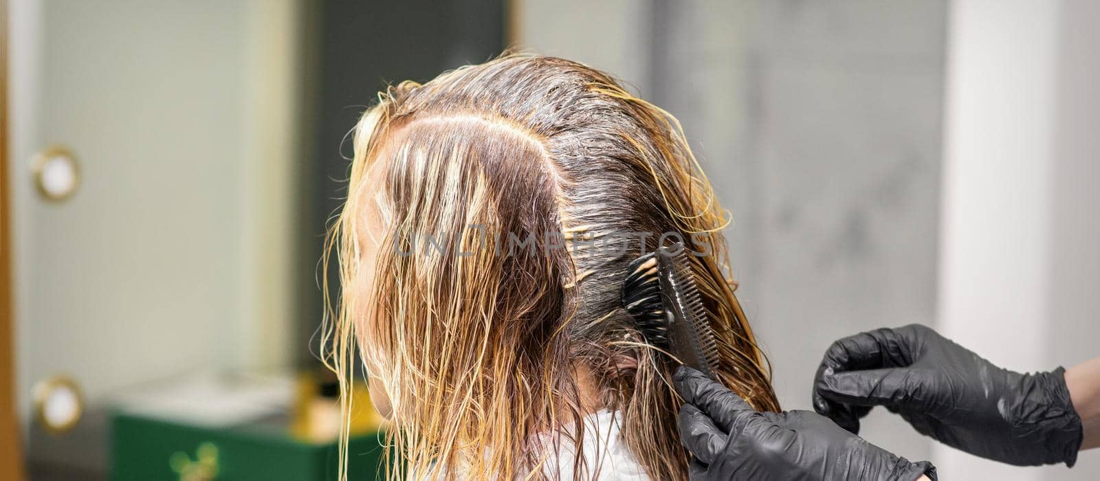 A hairdresser in black gloves is applying brush color to the hair of a customer. Hair coloring in a beauty salon close-up