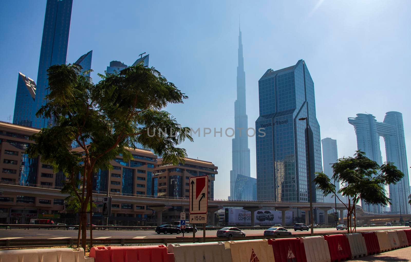 Skyscrapers along the main road of Dubai. UAE.