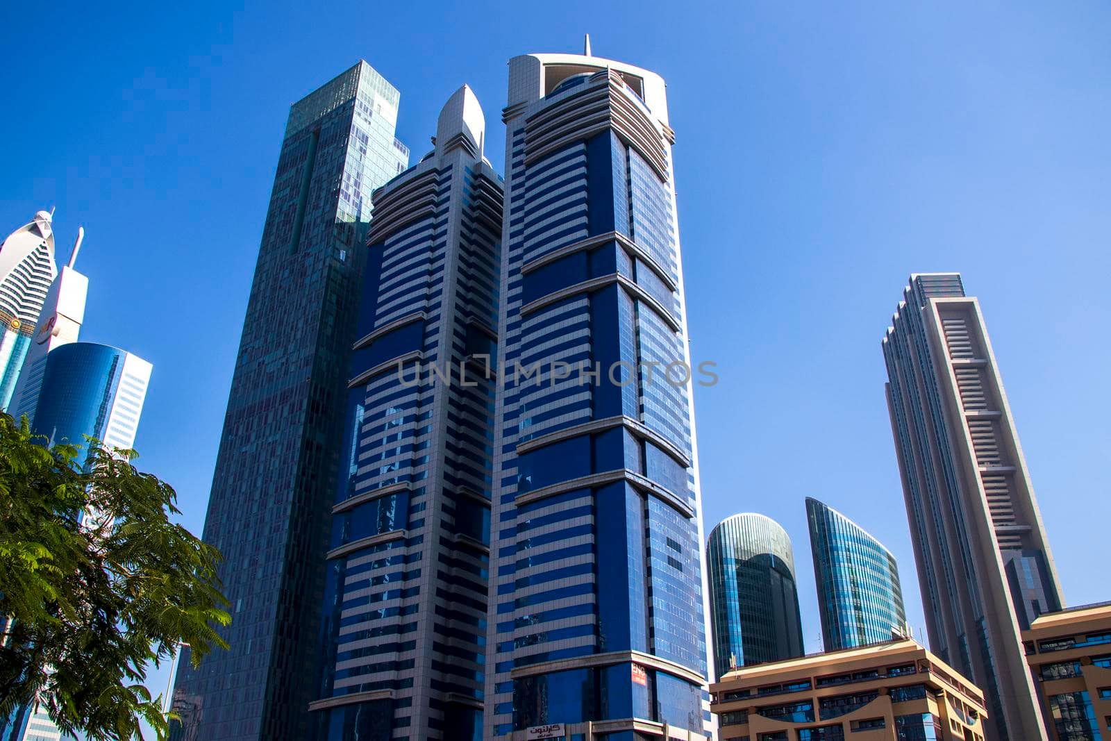 Skyscrapers along the main road of Dubai. UAE.