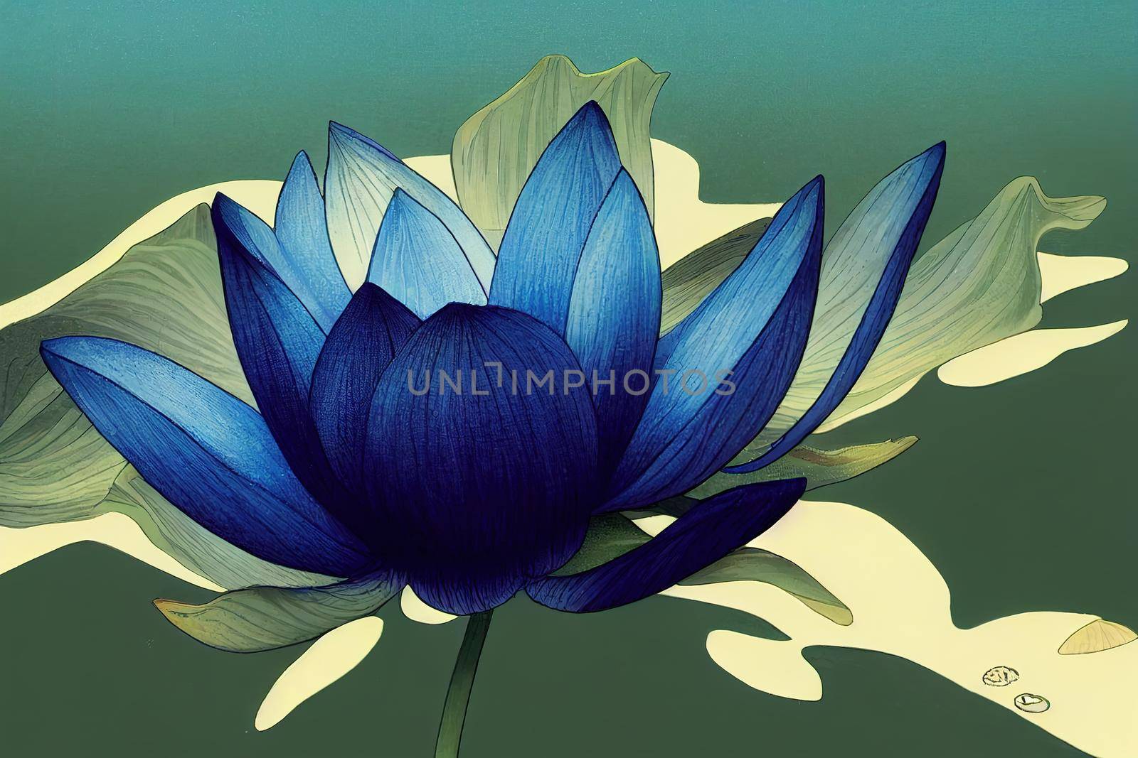Blue Lotus in pond. High quality 2d illustration