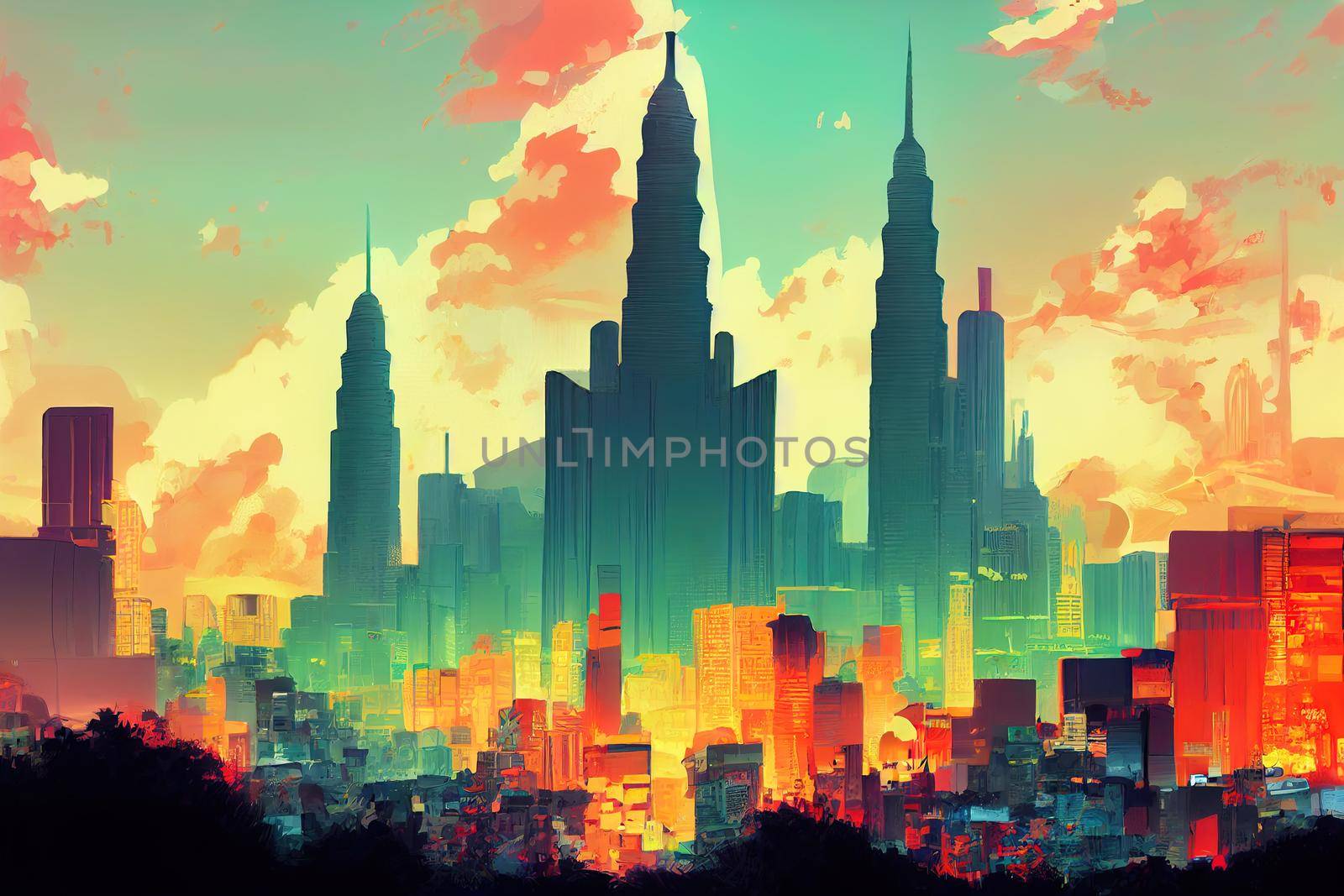 Bangkok abstract city 2d Anime illustration by 2ragon