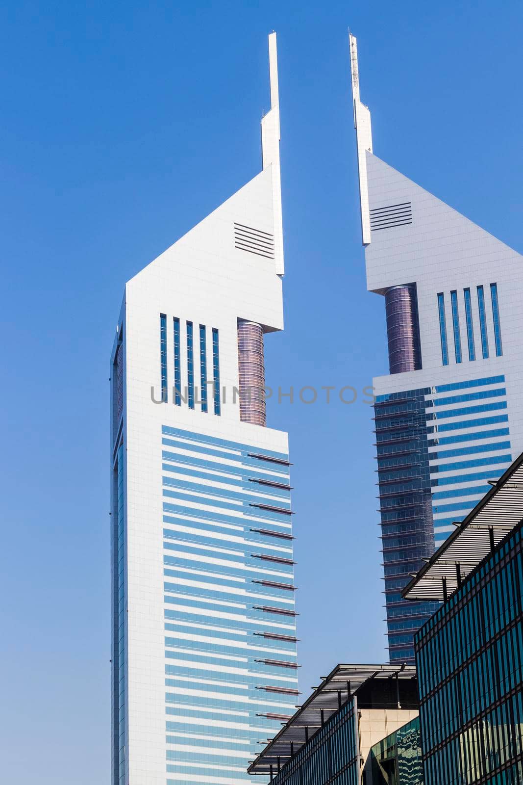 Dubai, UAE - 02.04.2021 Shot of a very well known landmark in Dabai, Emirates towers