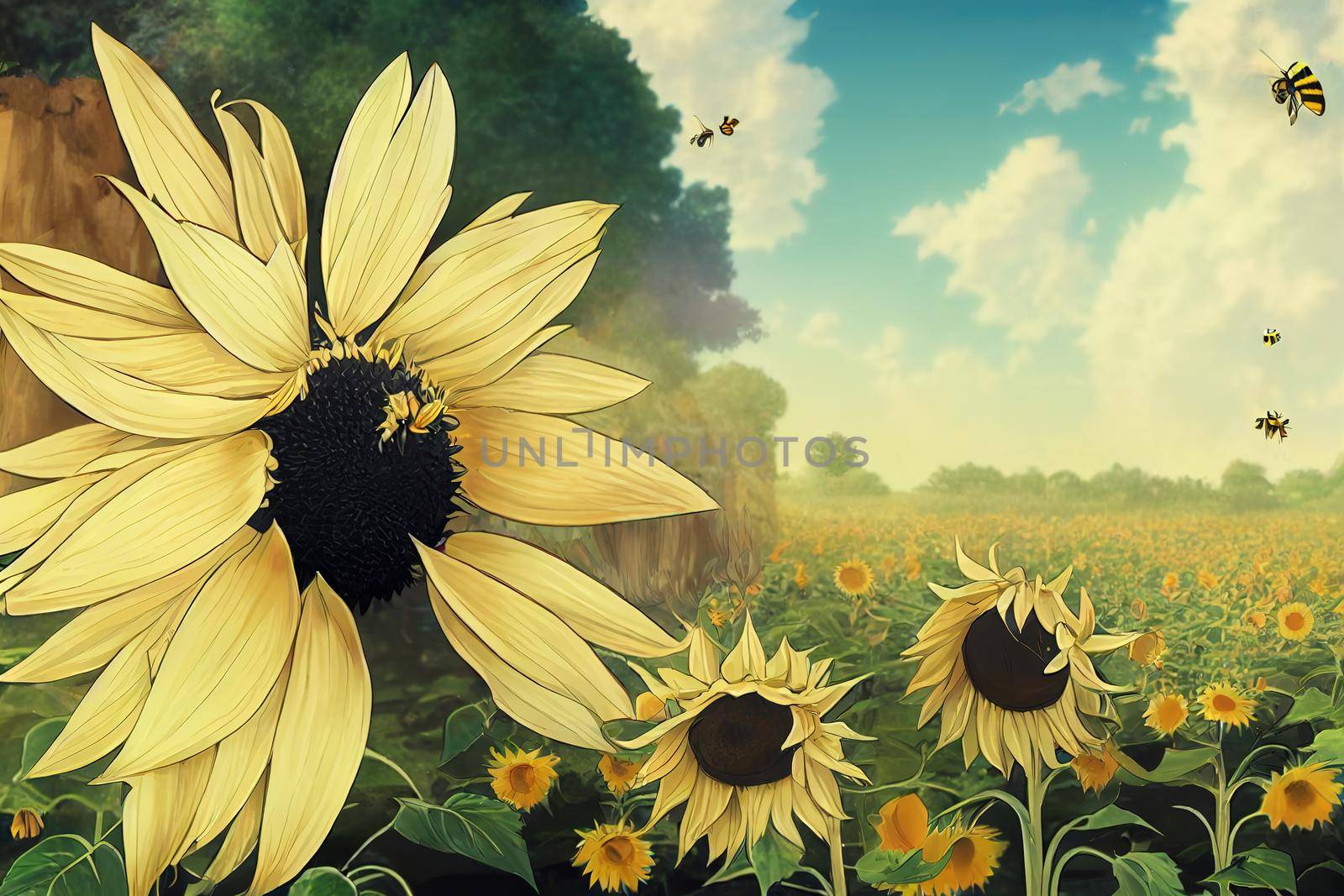 Bee over the sunflower. High quality 2d illustration