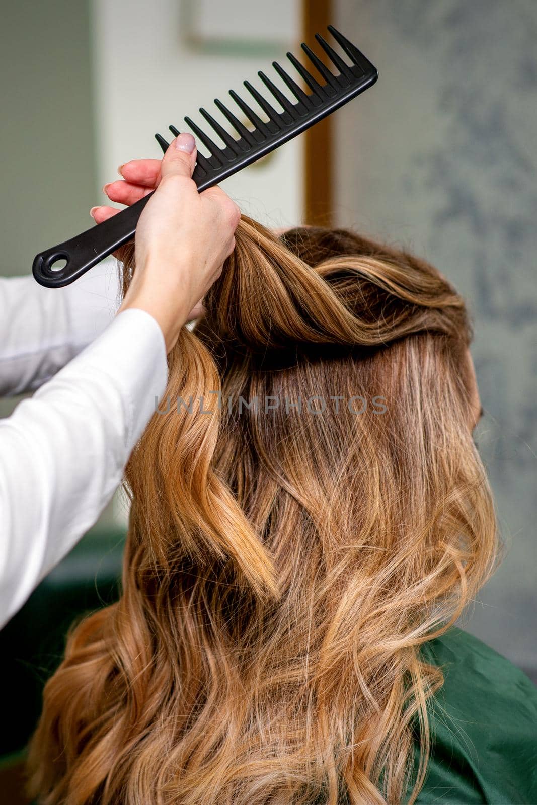 A female hairdresser is combing the long brown hair of a young woman at a parlor. by okskukuruza