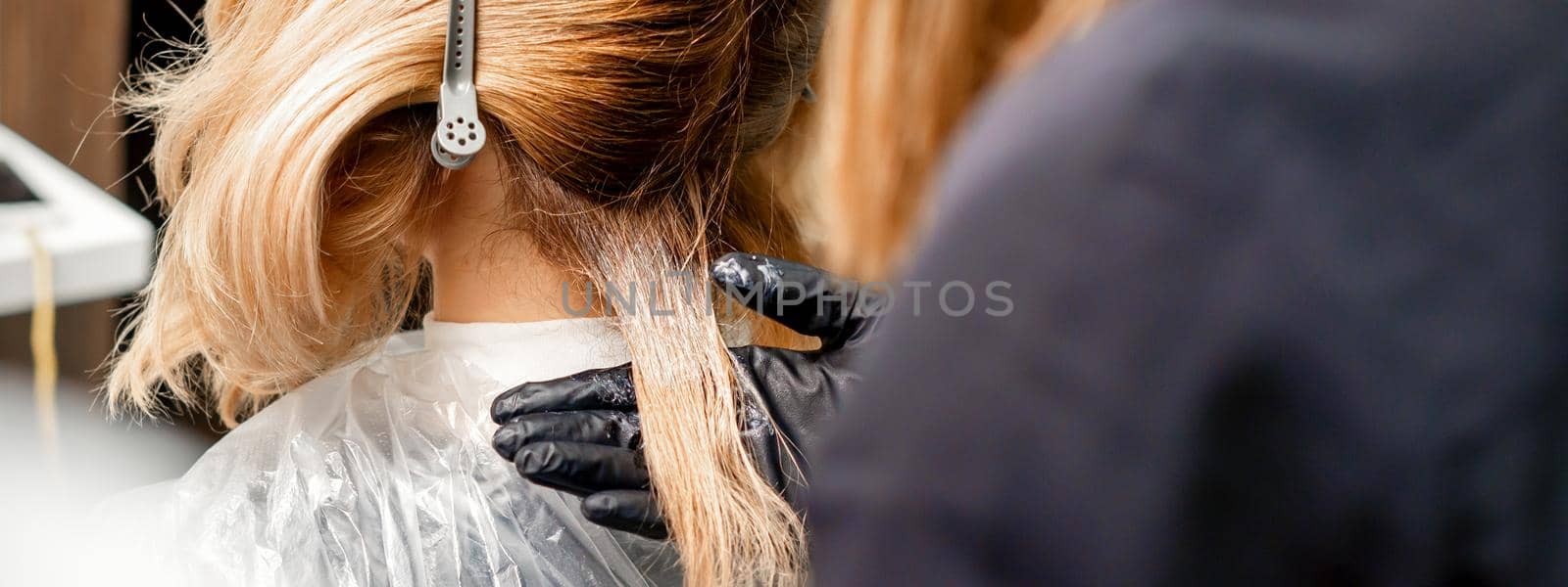 A hairdresser is applying color to the hair of a customer. Hair coloring in a beauty salon. Beauty and people concept. Close-up back view