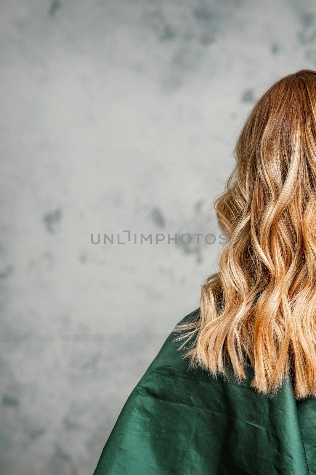 Rear View of a woman with long brown hair against a gray background