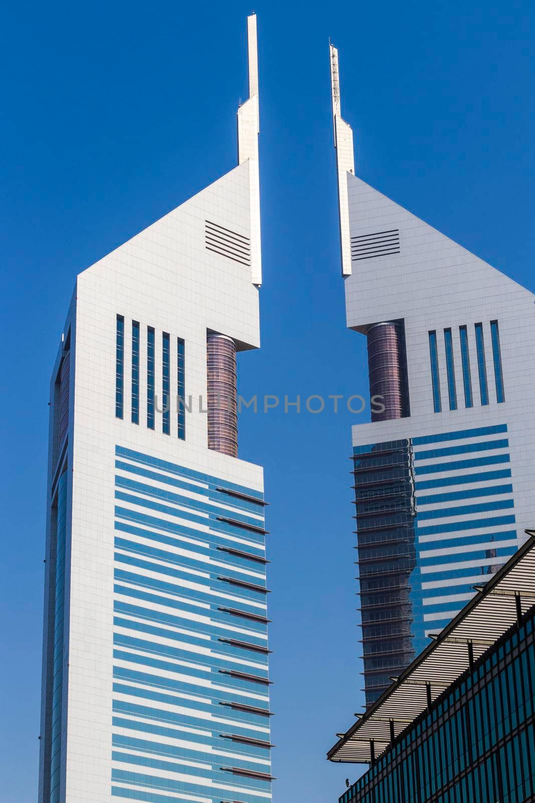 Dubai, UAE - 02.04.2021 Shot of a very well known landmark in Dabai, Emirates towers