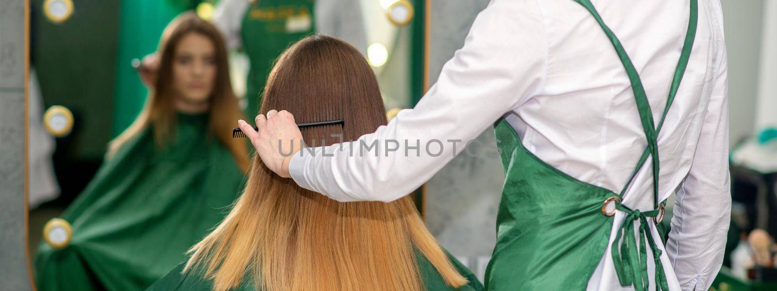 A female hairdresser is combing the long brown hair of a young woman at a parlor