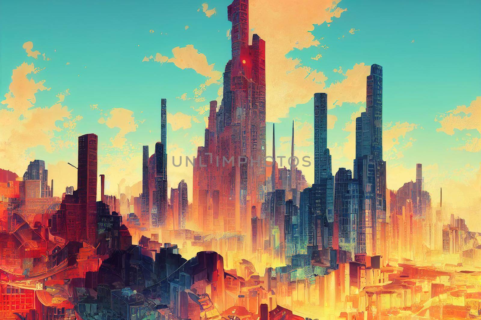 Bridgetown abstract city 2d Anime illustration by 2ragon