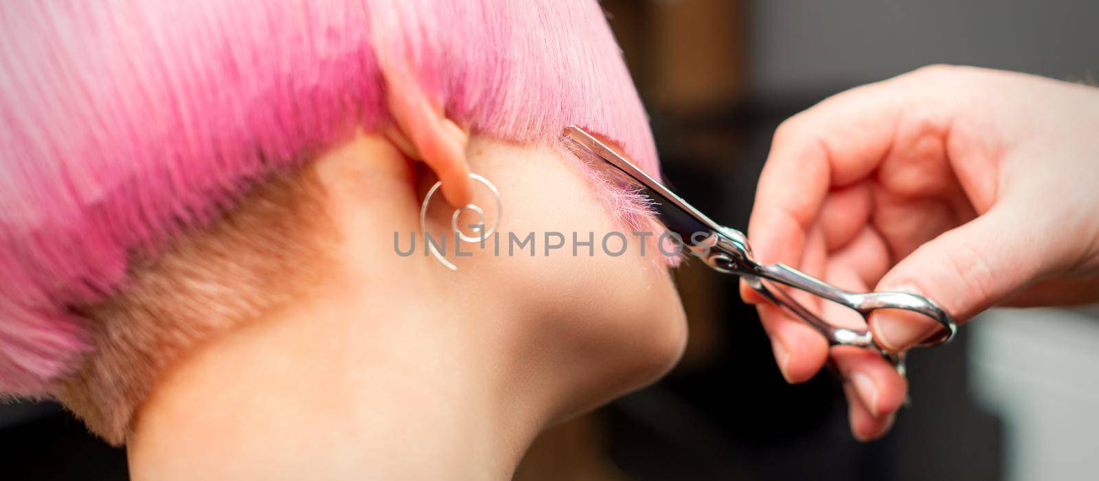 Cutting female hair. Hand of a hairdresser cutting short pink hair of young white woman at the hair salon. by okskukuruza