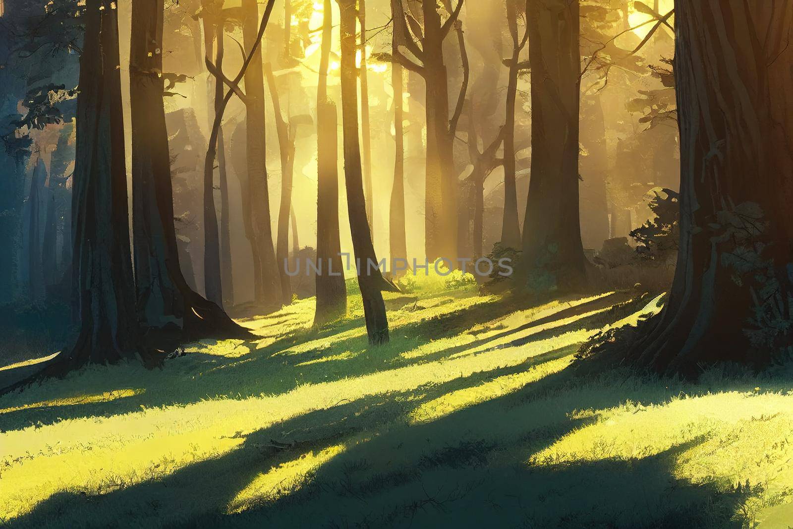 The warm evening sunlight shining through the trees in a German forest in spring. Upright picture taken in the Taunus Region in Hesse Germany. High quality 2d illustration