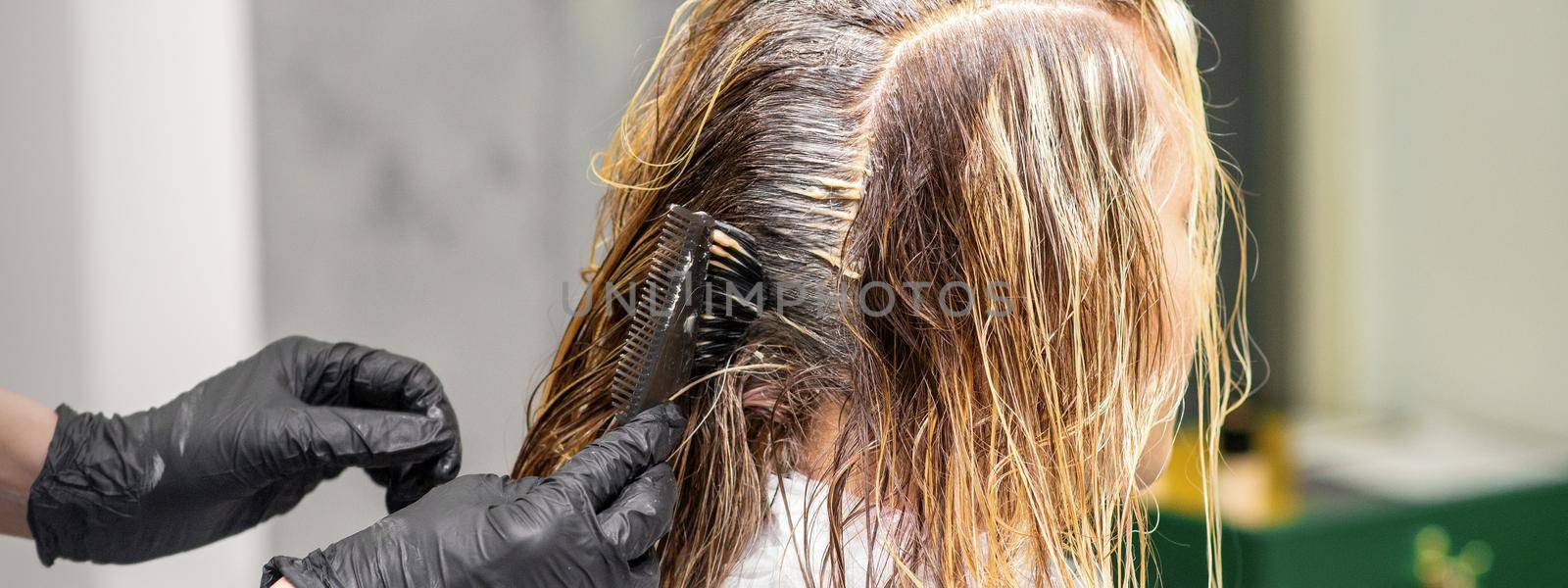 A hairdresser in black gloves is applying brush color to the hair of a customer. Hair coloring in a beauty salon close-up