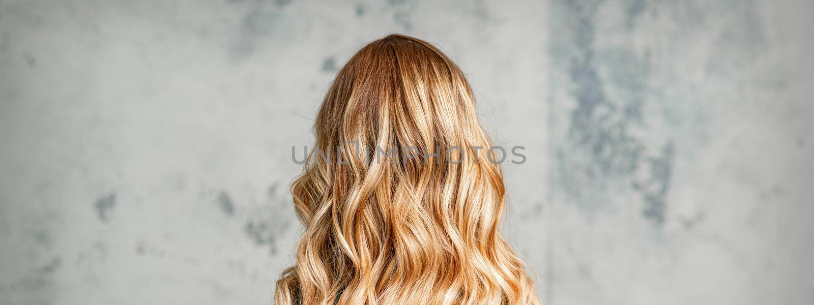 Rear View of a woman with long brown hair against a gray background. by okskukuruza