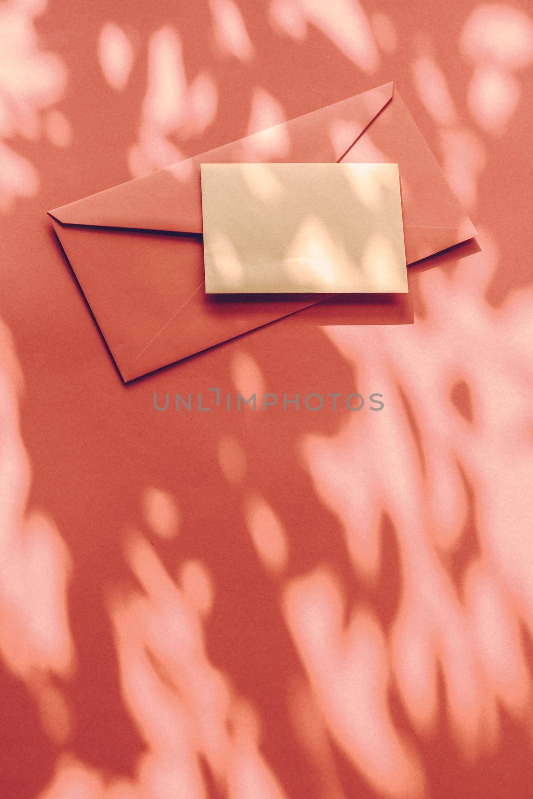 Beauty brand identity as flatlay mockup design, business card and letter for online luxury branding on orange shadow background by Anneleven