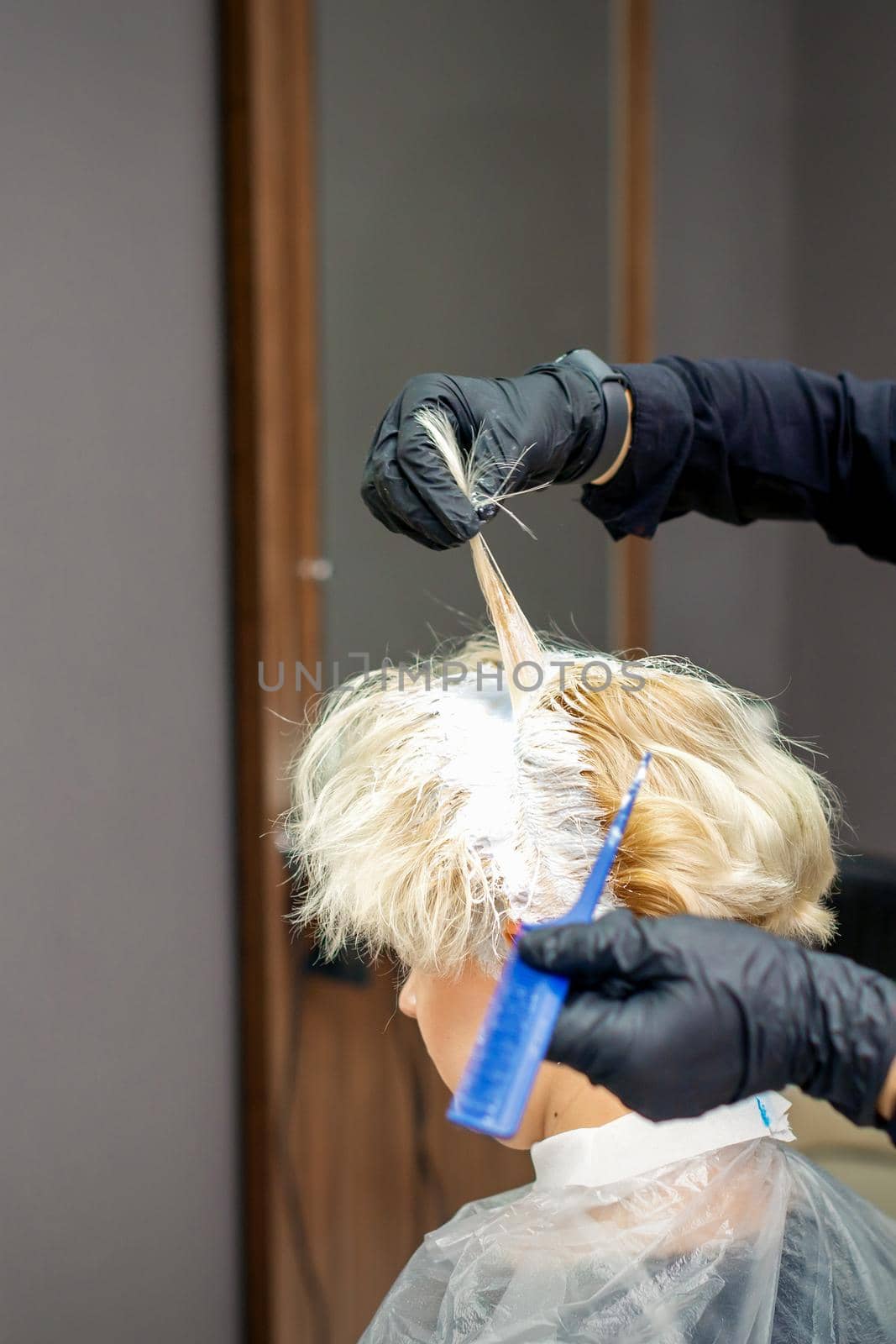 Coloring female hair in the hair salon. Young woman having her hair dyed by beautician at the beauty parlor